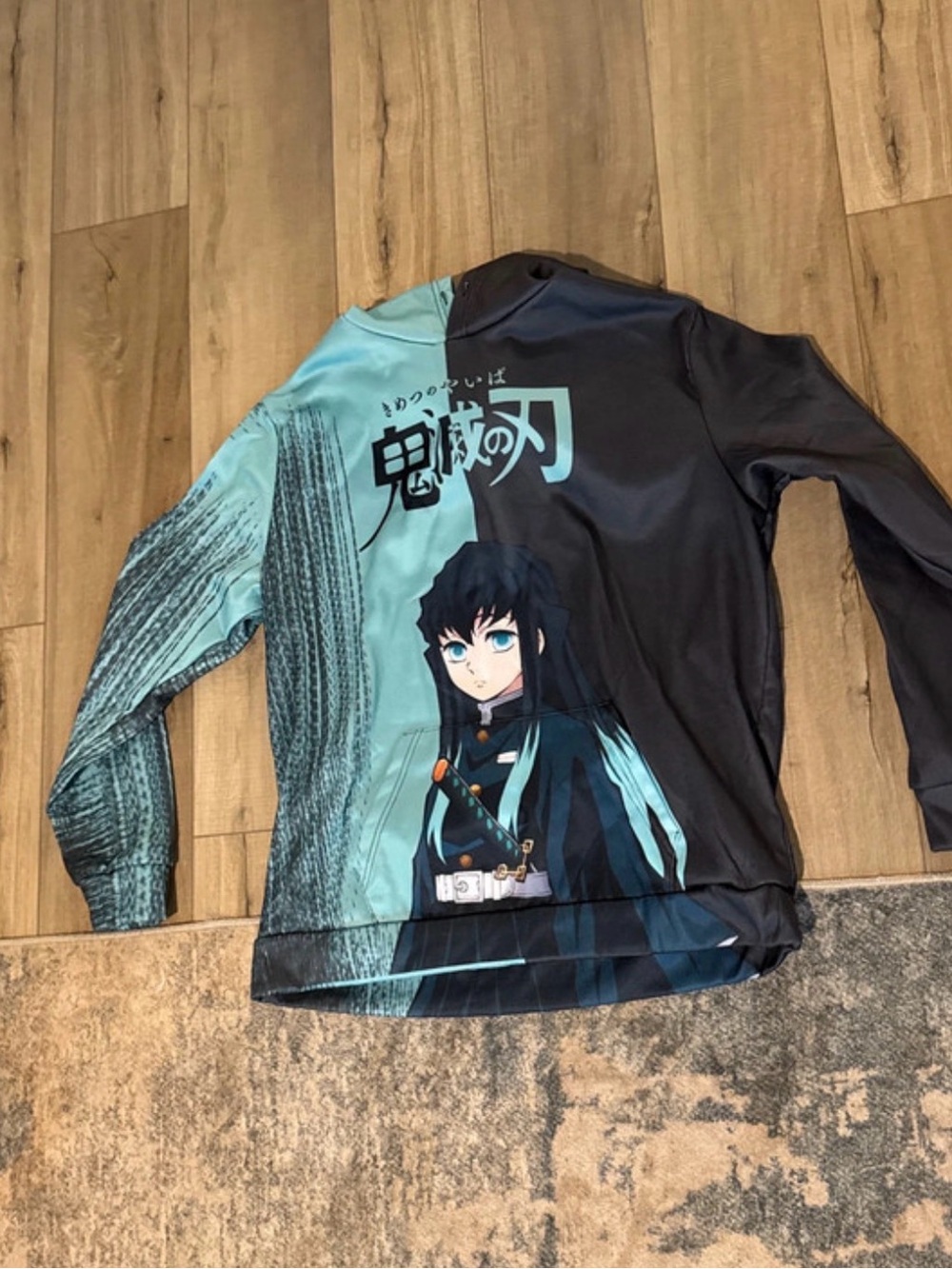 Anime Character Pullover Hoodie - Teal & Black